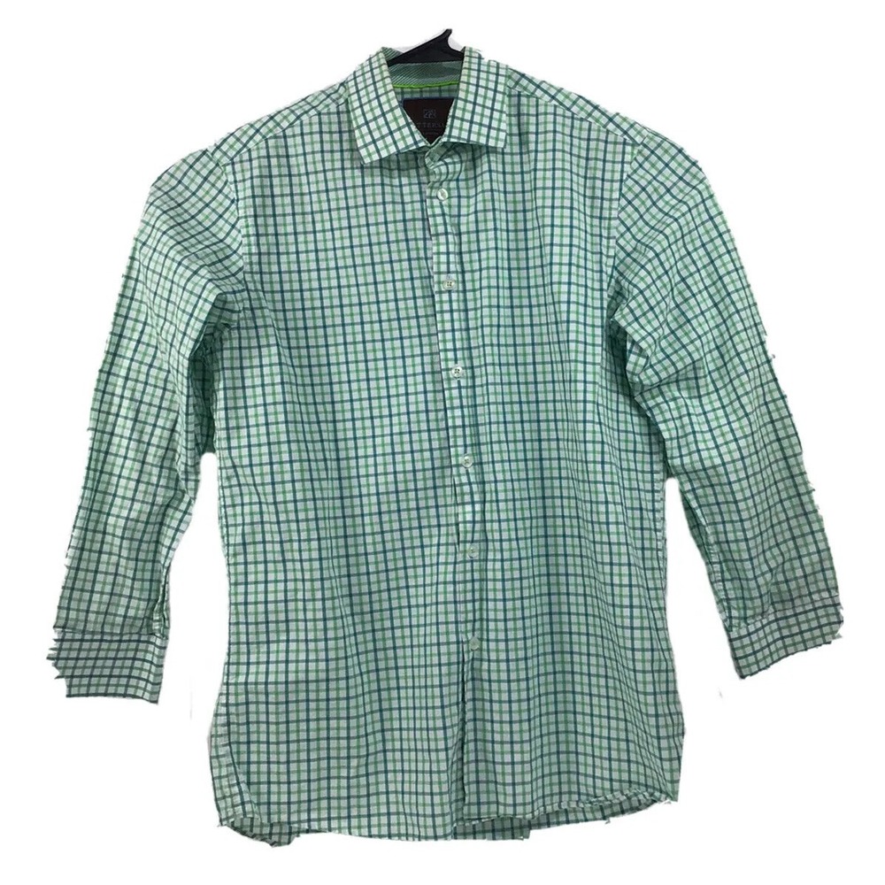 Tattersall‎ Mens Size 16 Long Sleeve Green Plaid Button Up Collared Dress Shirt